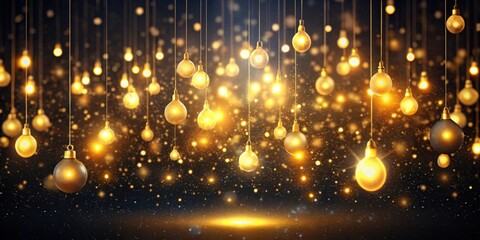 Obraz premium Glittering gold lights suspended in mid-air against a dark background, creating an ethereal and mystical ambiance, glowing, neon