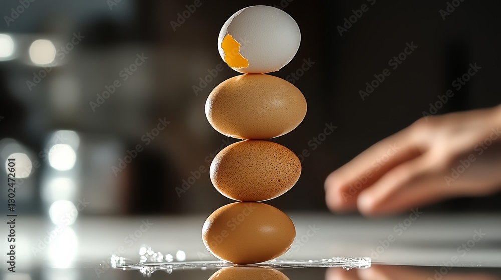 Poster stack of four eggs with one egg missing. the eggs are arranged in a pyramid shape. concept of balanc