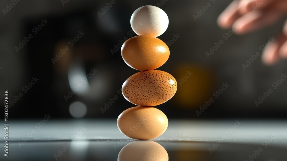 Poster stack of eggs on top of each other. the eggs are all different sizes and colors. the image has a pla