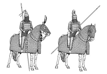 Handmade historical drawing with the Parthian heavily armed horsemen. Armoured heavy cavalry - Parthian Cataphract.
