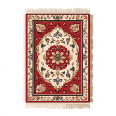 Obraz premium Elegant red and cream floral area rug with intricate design and fringe
