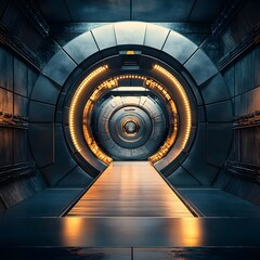 Fototapeta premium Futuristic corridor with glowing lights, metallic walls, and a sleek pathway leading to an unknown destination