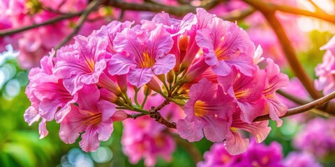 Obraz premium A stunning close-up of a vibrant pink trumpet tree flower in full bloom, highlighting its intricate details and delicate petals, surrounded by lush green leaves , close-up photography, pink flowers