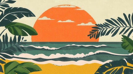 Tropical Sunset Ocean Beach Scene Summer Vacation Illustration