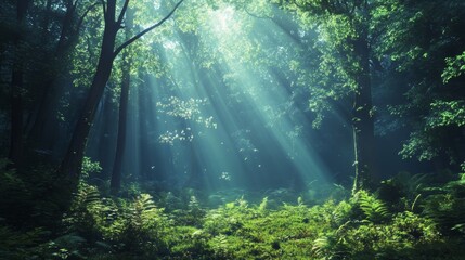Obraz premium Enchanted Forest: Sunbeams Dancing Through Ancient Trees
