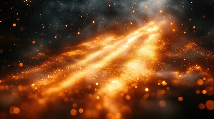 Fototapeta premium Abstract fiery pathway through a dark smoky background with orange and gold glitter particles