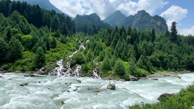 Beautiful landscape with mountains and the Sind River, near Kangan town in Jammu and Kashmir, India.