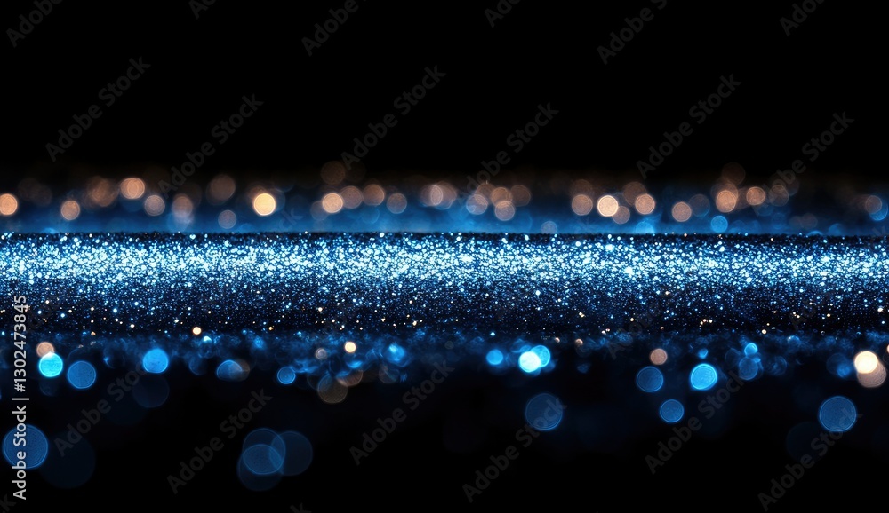Aufkleber abstract background with horizontal band of sparkling blue glitter on a black background with bokeh.