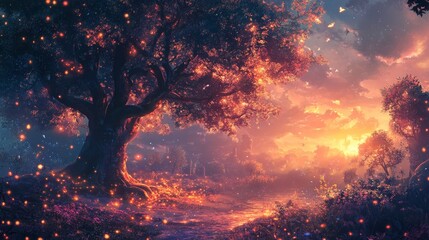 Obraz premium Enchanted Sunset: A Magical Forest at Dusk