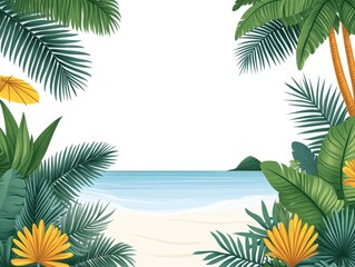 Fototapeta premium Tropical beach scene with lush greenery and calm ocean in the background