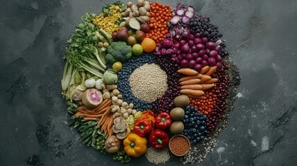 A vibrant circle bursts with diverse fruits and veggies—lush greens, rich reds, and sunny yellows, artfully arranged at its heart