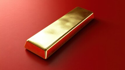 A gold bar standing upright, casting soft golden reflections on a red background