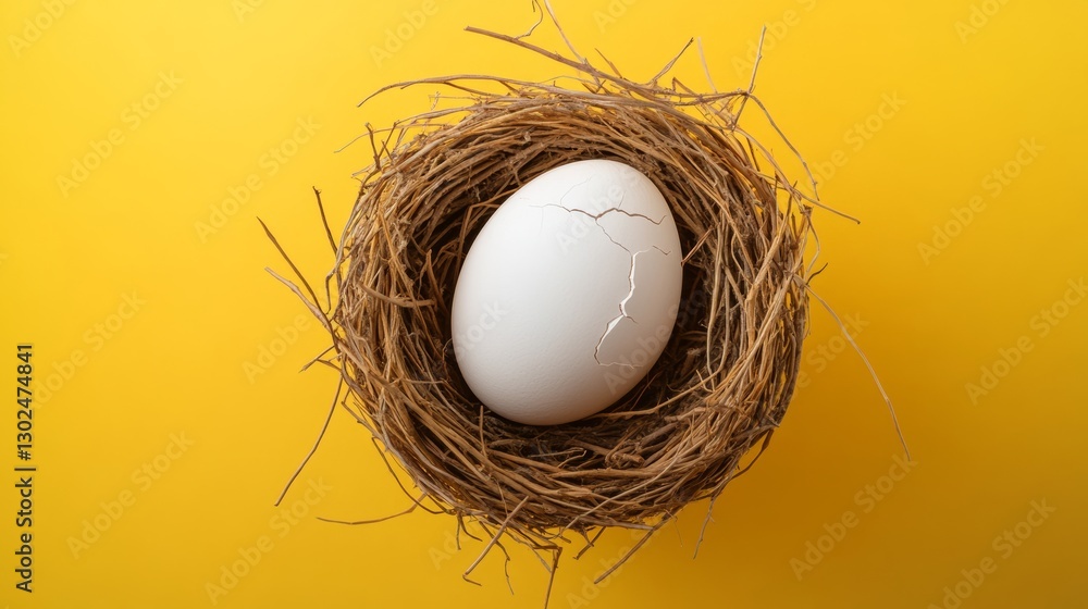 Poster broken eggshell sits in a nest made of twigs. the nest is on a yellow background