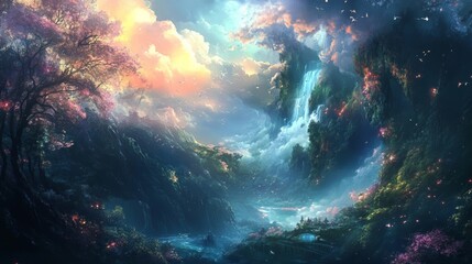 Obraz premium Enchanted Waterfall Valley: A Dreamlike Fantasy Landscape