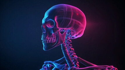 abstract glowing skeleton, x-ray skull, with a high-tech aesthetic, useful for educational materials, tech posters, and fantasy artwork