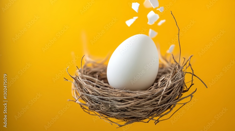 Poster white egg is in a nest made of twigs. the egg is broken, and the pieces are scattered around the nes