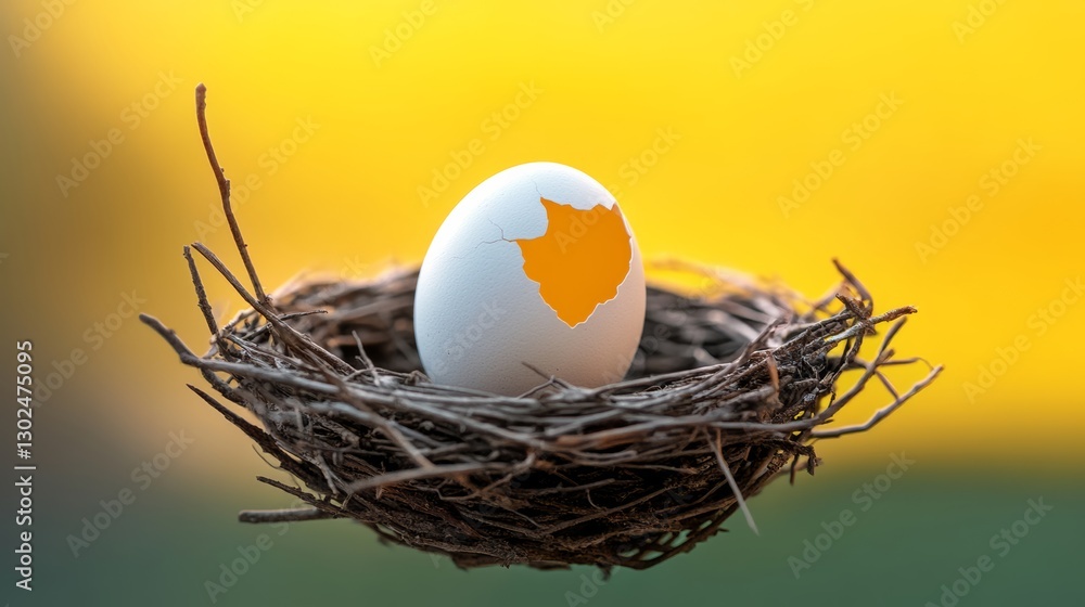 Poster broken eggshell sits in a nest. the eggshell is cracked and the egg is missing. the nest is made of 