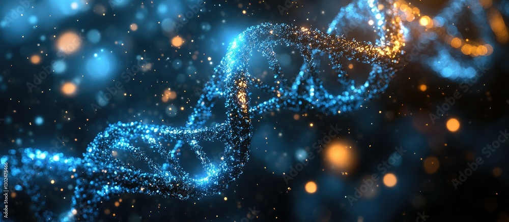Poster abstract dna structure glowing with vibrant blue and orange particles against a dark background. int