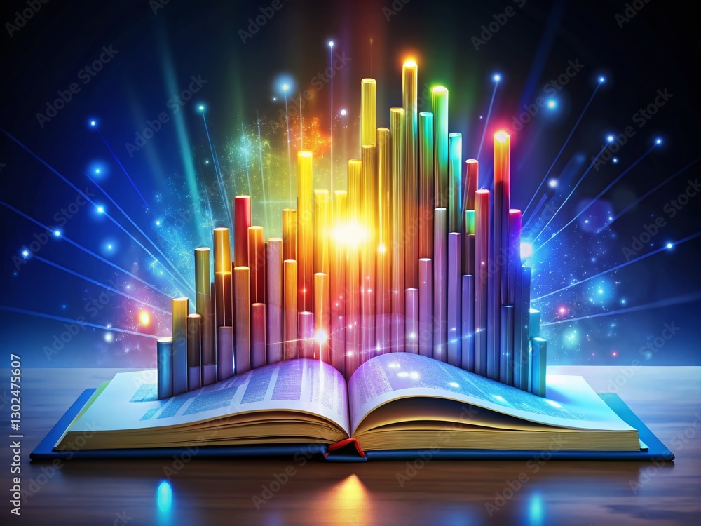 Poster data visualization: glowing 3d charts emerging from open book - academic research