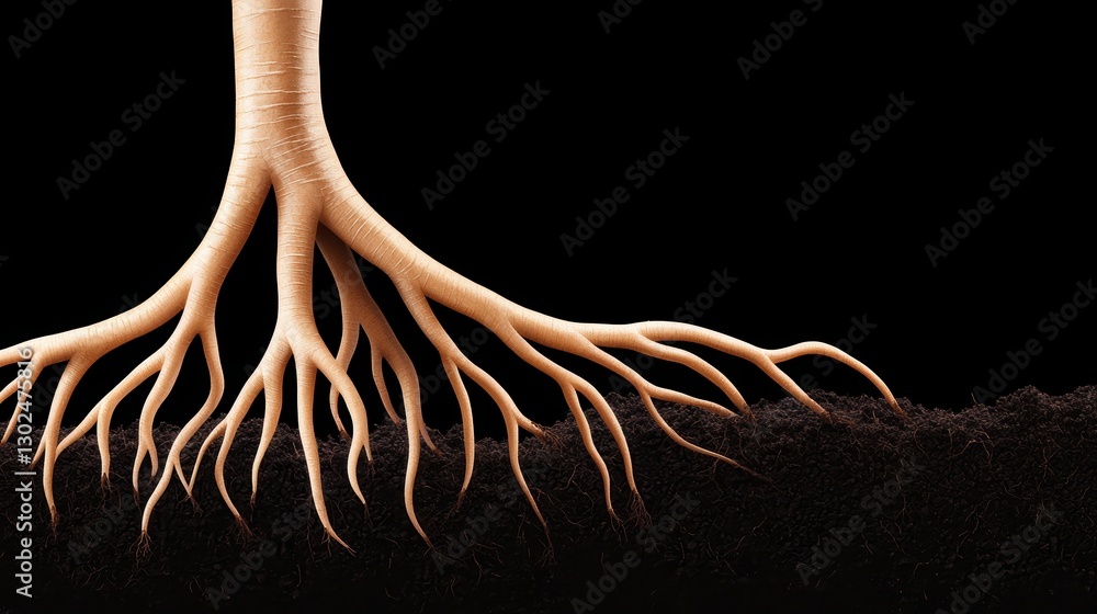 Poster a detailed illustration of tree roots extending into dark soil, highlighting the intricate network a