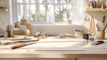 Cozy craft workspace with art tools and morning light, inspiring creativity and productivity.