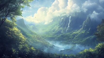 Serene Mountain Valley Landscape with Waterfall