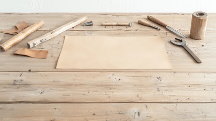 Crafting workspace with tools, paper, and wooden elements on rustic table for creative projects.