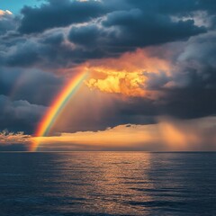 Vibrant rainbow arching over a calm ocean at sunset, with dramatic storm clouds. © suryanto