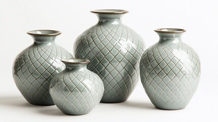 Four grey ceramic vases with diamond pattern.