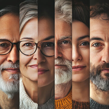collage of diverse faces, split into vertical sections, showcasing different ages, genders, and expressions. The close-up portraits highlight individuality, diversity, and human connection