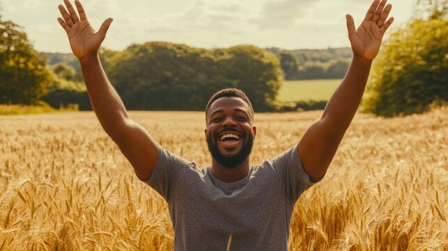 Happy man celebrating outdoors in golden wheat field during sunset
