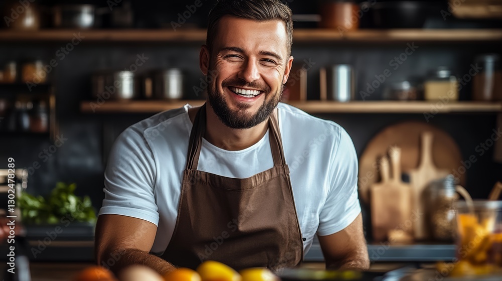 Aufkleber man is smiling and wearing an apron while standing in a kitchen. there are several bowls and bottles