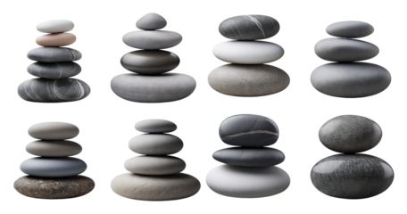 Tranquil Stacked Stones in Various Textures and Colors for Zen Atmosphere, PNG bundle collection, Isolated on Transparent Background