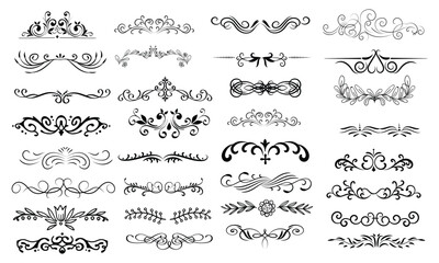 Set of dividers, flourishes, vines, ornate lines.