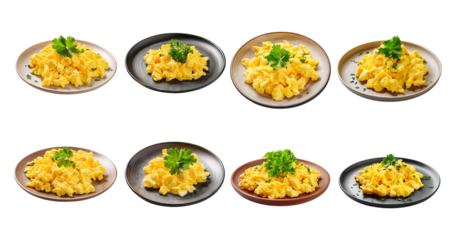 Variety of Scrambled Eggs on Different Plates with Fresh Garnish, Bundle Set Collection, Isolated on Transparent Background