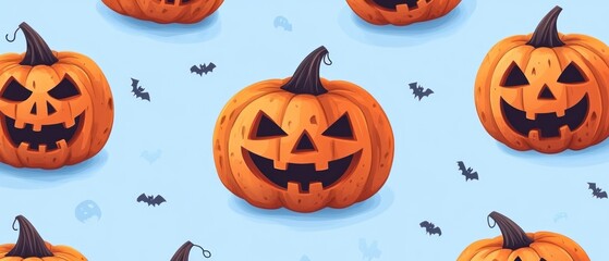 Halloween Jack-o'-lanterns Pattern on Light Blue Background