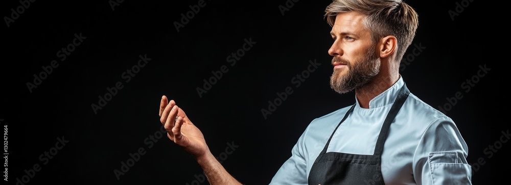 Poster man with a beard and apron stands in front of a black background. he is pointing to something, possi