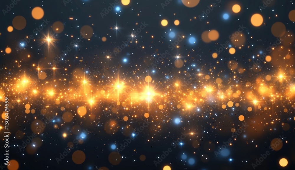 Poster abstract background with a horizontal line of golden light bursts, surrounded by bokeh and glitterin