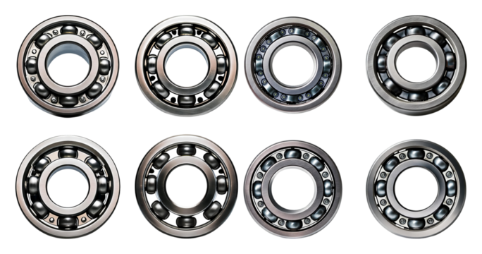 Collection of Various Types of Industrial Ball Bearings in Layout, Bundle Set Collection, Isolated on Transparent Background