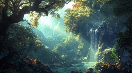 Obraz premium Enchanted Waterfall in a Lush Forest