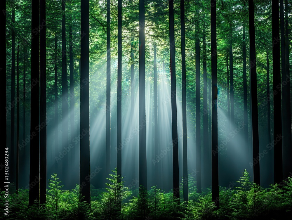 Poster Sunlight Filtering Through Tall Trees in a Lush Green Forest Setting
