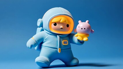 A 3D cartoon astronaut character, cute chibi proportions with oversized round helmet showing constellations through visor, wearing a sleek metallic-blue spacesuit with glowing neon yellow accents. - Powered by Adobe