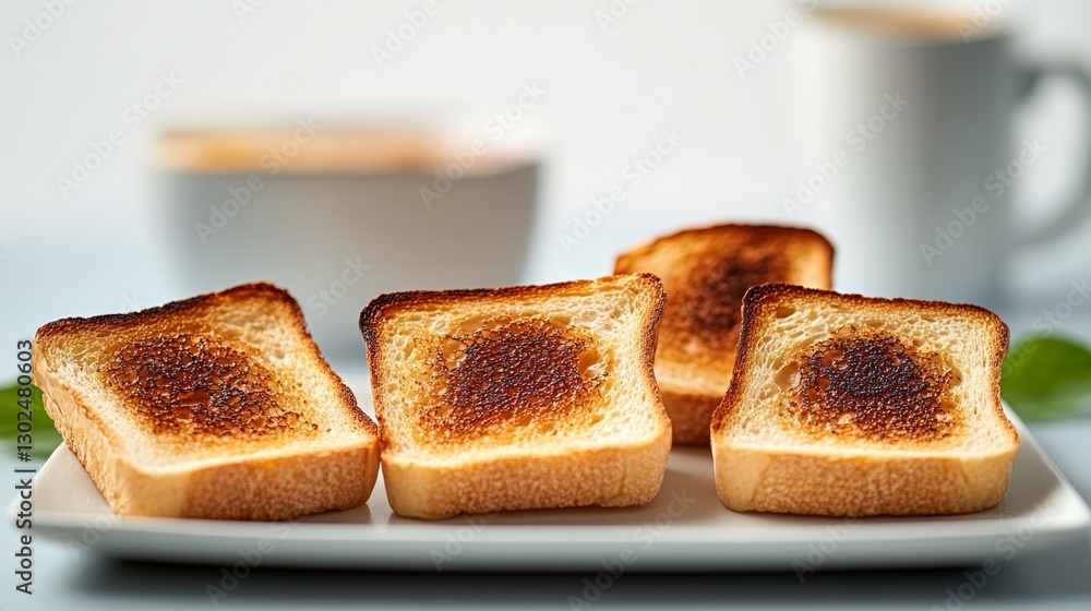 Poster three slices of toast with burnt edges sit on a white plate. the plate is placed on a table next to 