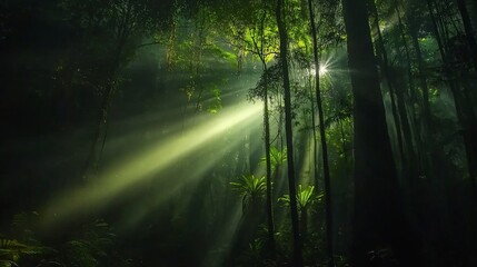 Obraz premium Sunbeams pierce through dense rainforest canopy, illuminating lush green foliage and creating a mystical atmosphere.