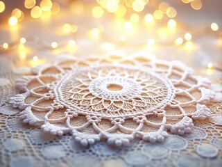 Delicate Lace Doily on White, Soft Bokeh Background - Stock Photo