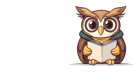 Fototapeta premium Wise Owl Reading: An endearing cartoon owl with large, expressive eyes delves into a captivating book. Capturing the essence of knowledge, wisdom, and a love for reading.