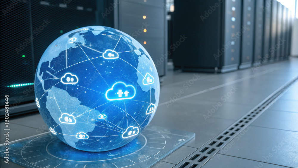 Poster glowing globe with cloud icons and digital nodes represents global connectivity and technology. imag