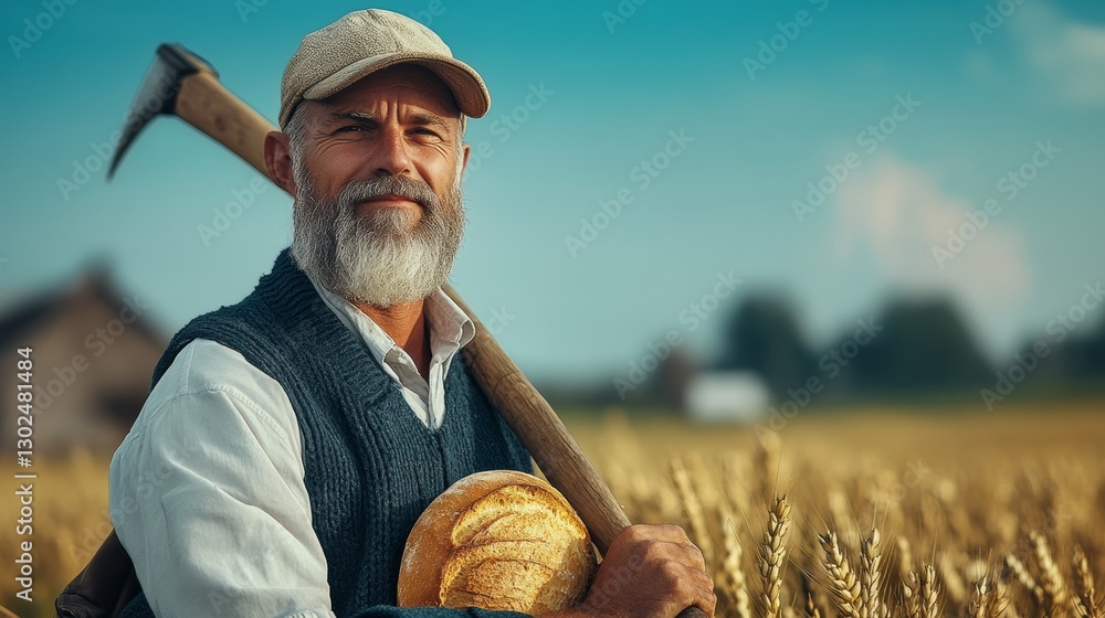 Poster man with a straw hat and a wooden handle is holding a bread loaf. he is smiling and he is happy