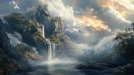 Serene Waterfall Landscape: A Misty Mountain Haven