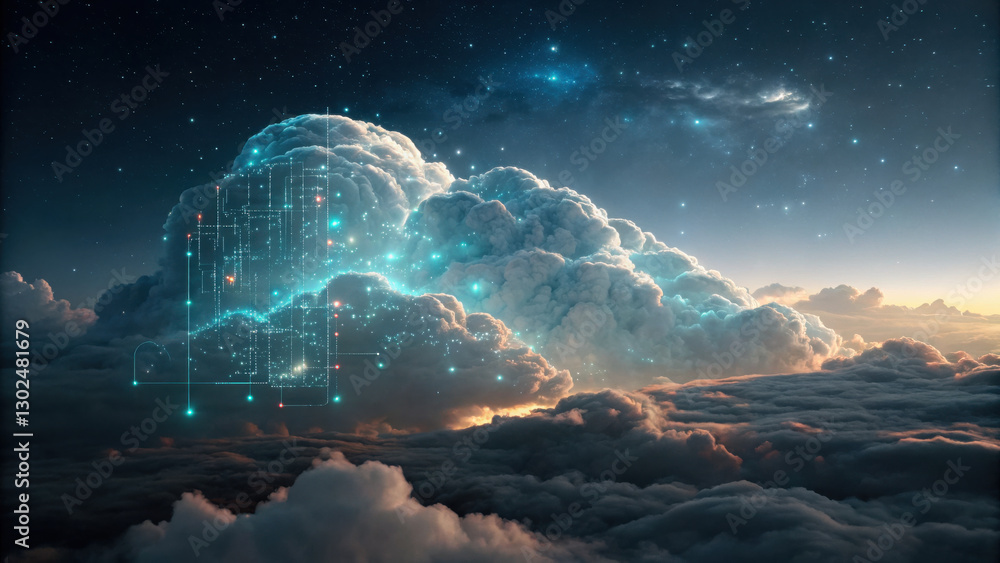 Poster surreal cloud formation glowing with digital circuits, creating mesmerizing scene in sky. ethereal a